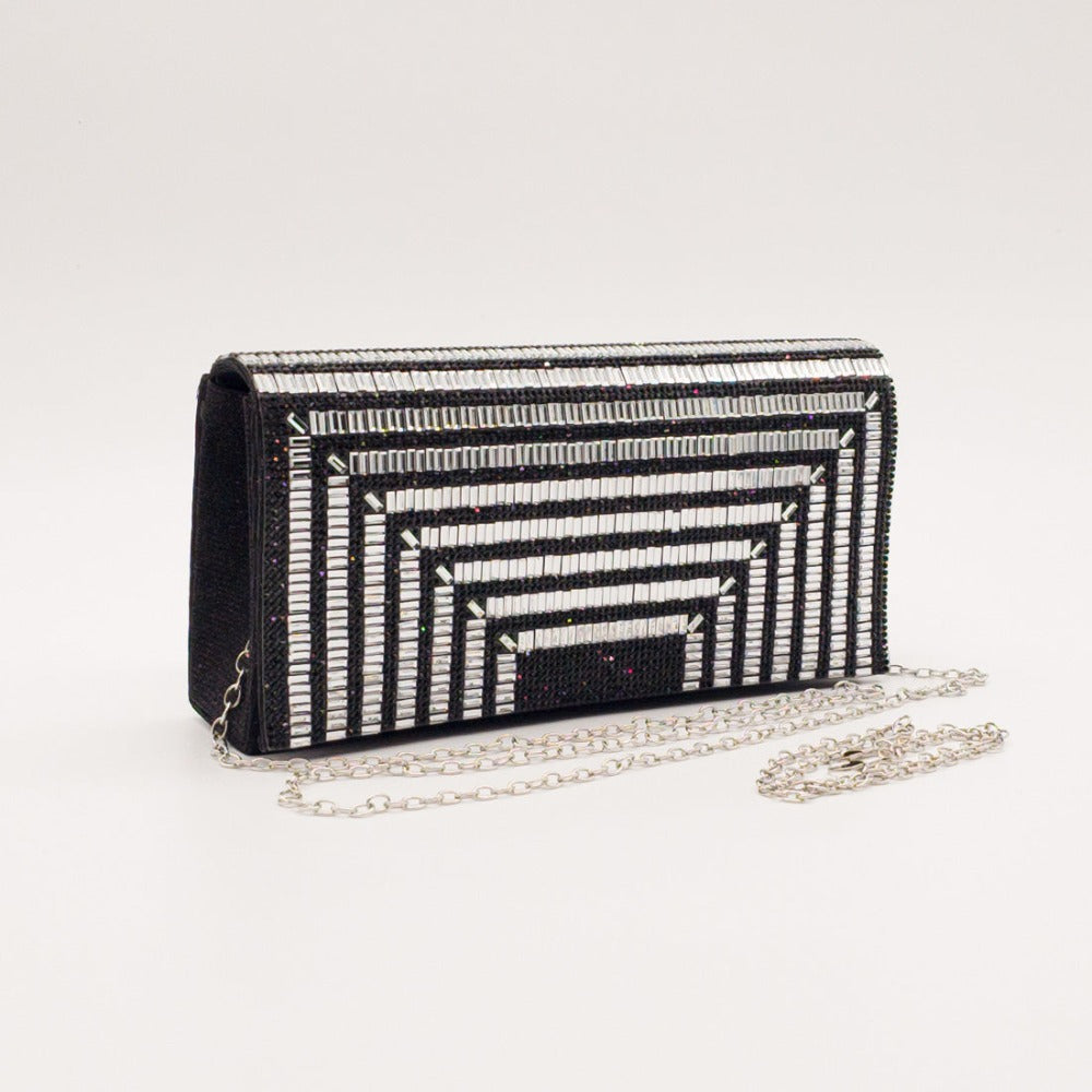 Clutch Bag in Black Silver Art Deco styling and two detachable chain straps