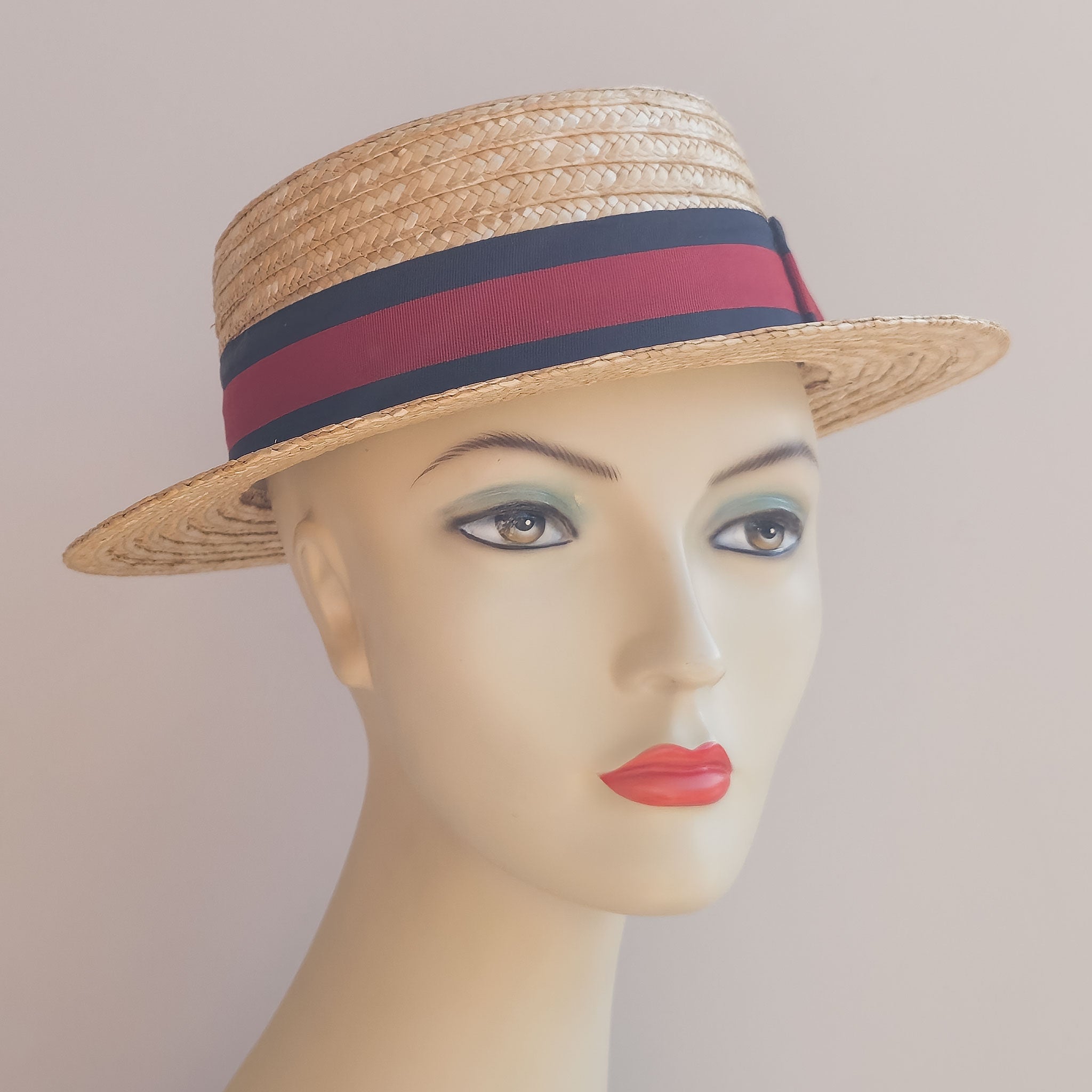 Classic Straw Boater Hat With Navy And Red Ribbon Trim Ella Bulloch Hats