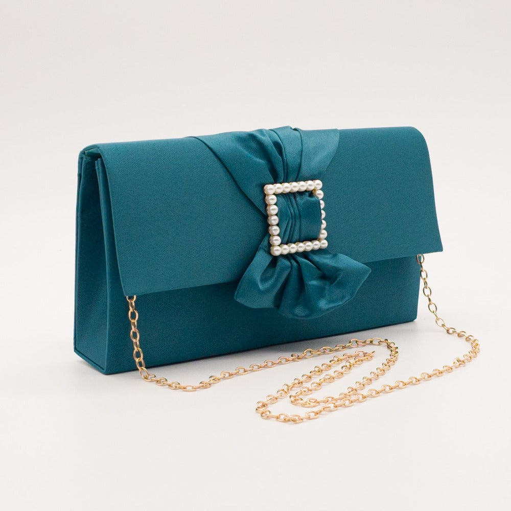 Satin Clutch Bag with Bow and Pearl embellishment and Detachable Gilt effect chain strap